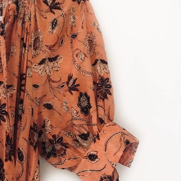 ULLA JOHNSON Primrose Puff Sleeve Tiered Midi Dress Salmon Floral - Picture 5 of 13